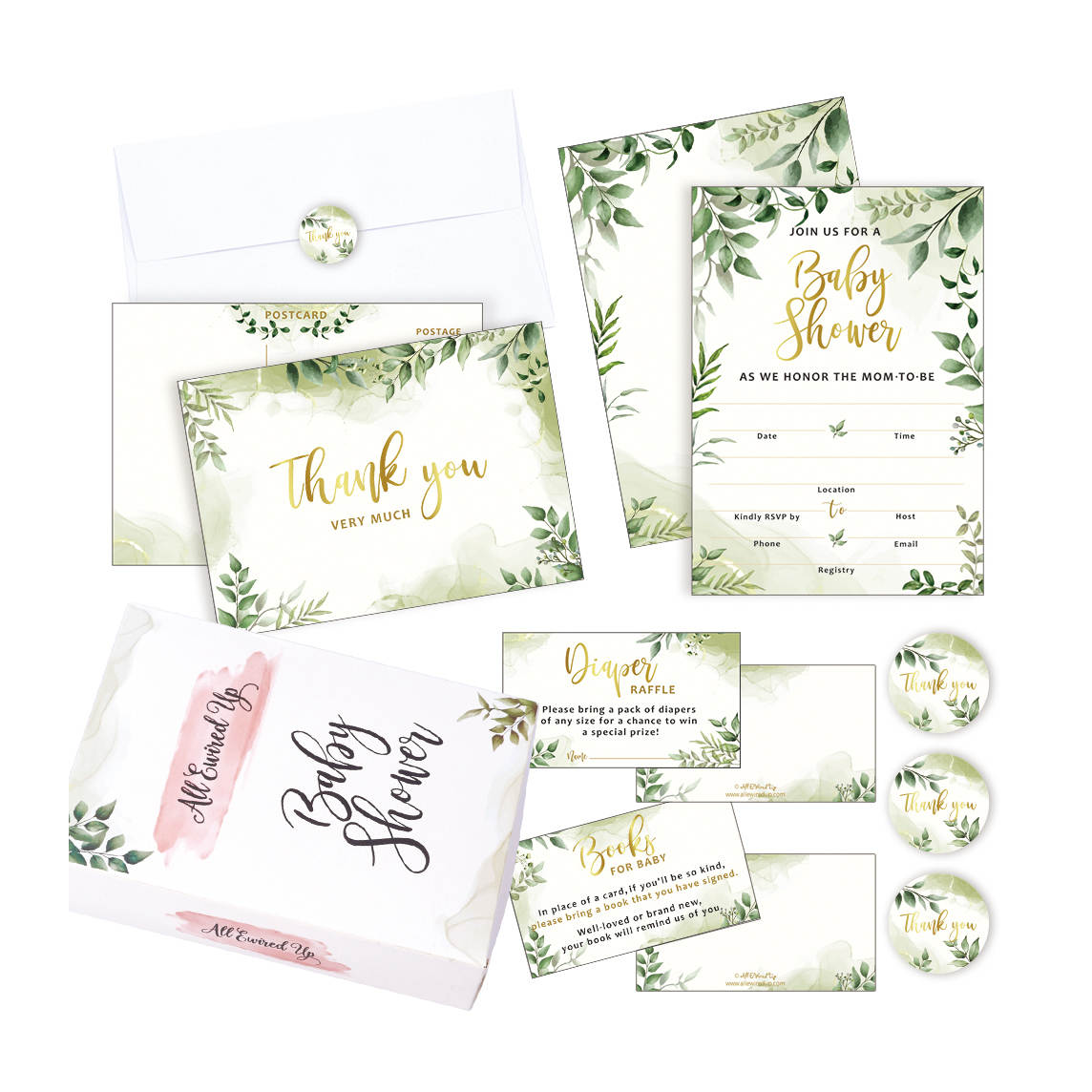 25 Double-Sided Greenery Baby Shower Invitation Set with Envelopes - Gender Neutral Blank Fill-in Invites for Boy or Girl