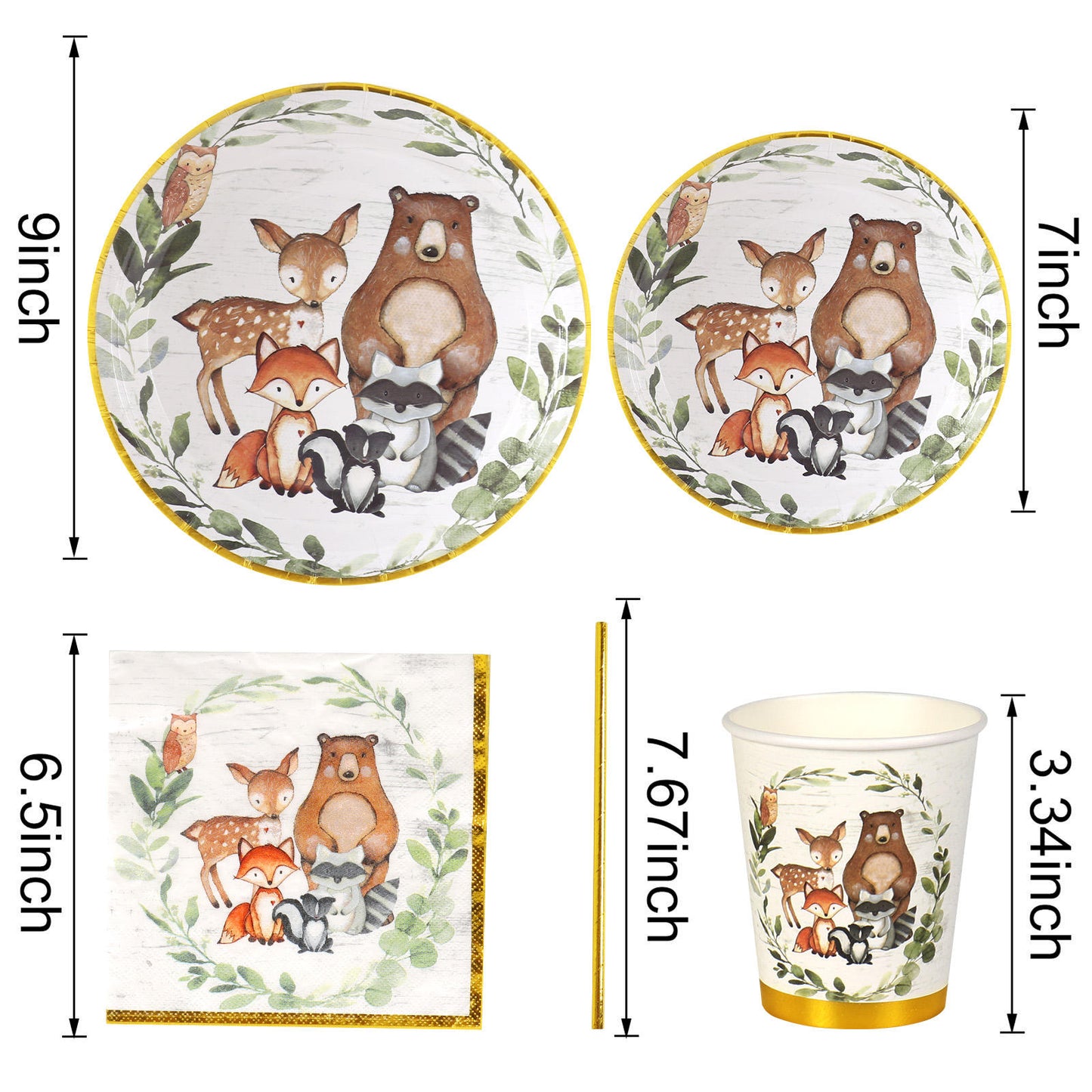 Gold Foil Woodland Baby Shower or Birthday | Serves 24 | Woodland Party Supplies Decorations | Baby Shower or Birthday for | Dinner Plates, Dessert Plates, Cups, Straws and Napkins Forest Animal Friends Theme Party Supplies