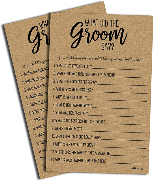 What Did the Groom Say Game - Kraft (50-Sheets) Rustic Bridal Wedding Shower or Bachelorette Party Game, Printed Engagement Rehearsal (Large Size Sheets)