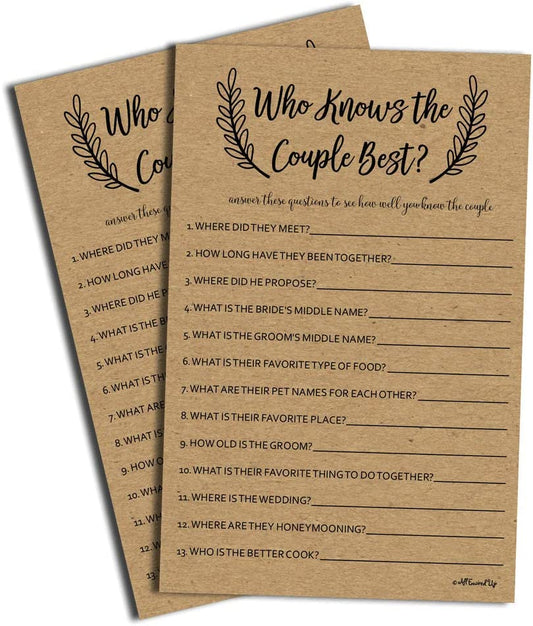 Who Knows The Couple Best - Kraft (50-Sheets) Rustic Bridal Wedding Shower or Bachelorette Party Game, Who Knows The Bride Best Couples Guessing Question Pack Engagement (Large Sheet Size)