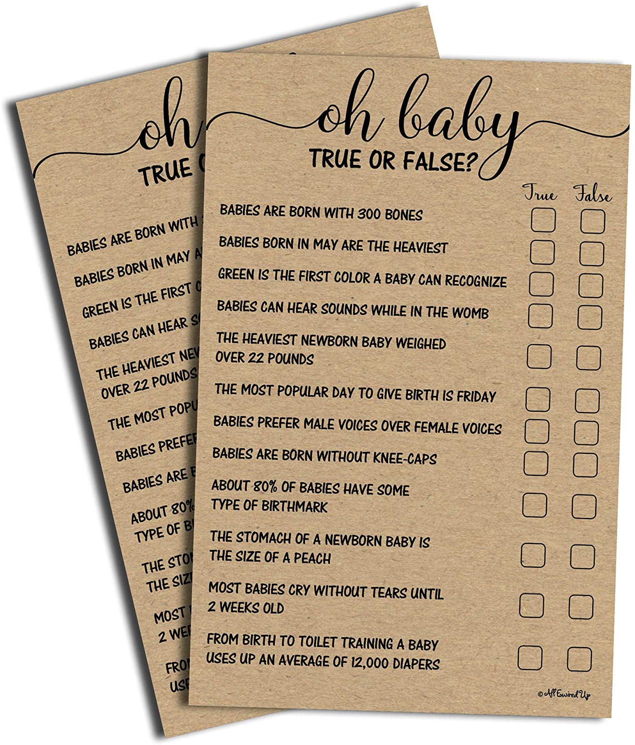 50 True or False Oh Baby Trivia Game - Kraft (50-Sheets) Rustic (Large Sheet Size) Fun, Easy to Play, Baby Shower Game, Sprinkle, Couple's Shower, Gender Neutral