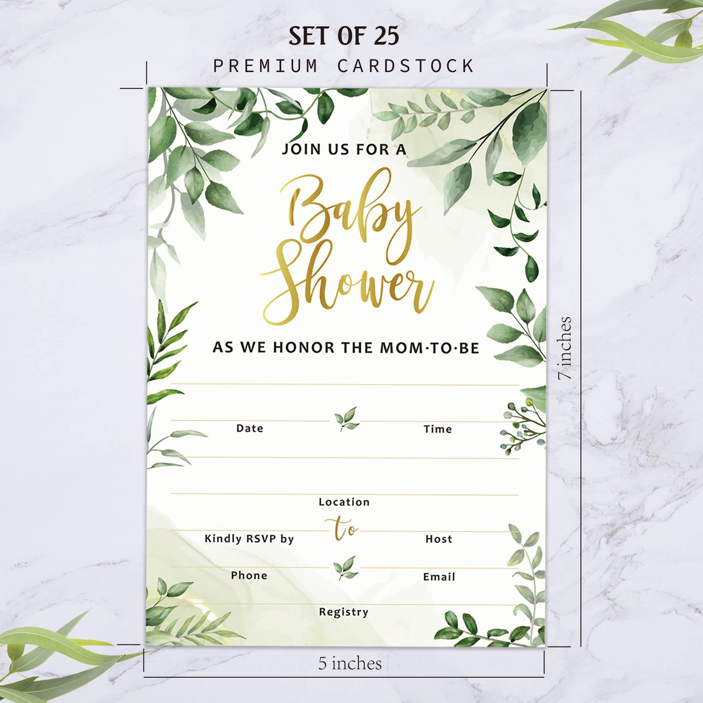 25 Double-Sided Greenery Baby Shower Invitation Set with Envelopes - Gender Neutral Blank Fill-in Invites for Boy or Girl