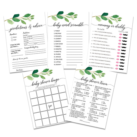 Set of 5 Large Greenery Baby Shower Games- 250 Piece Baby Shower Game Pack Including 50 Who Knows Mommy Best, 50 Who Said It, Mommy or Daddy, 50 What's in Your Purse, 50 Gift Bingo, 50 Predictions