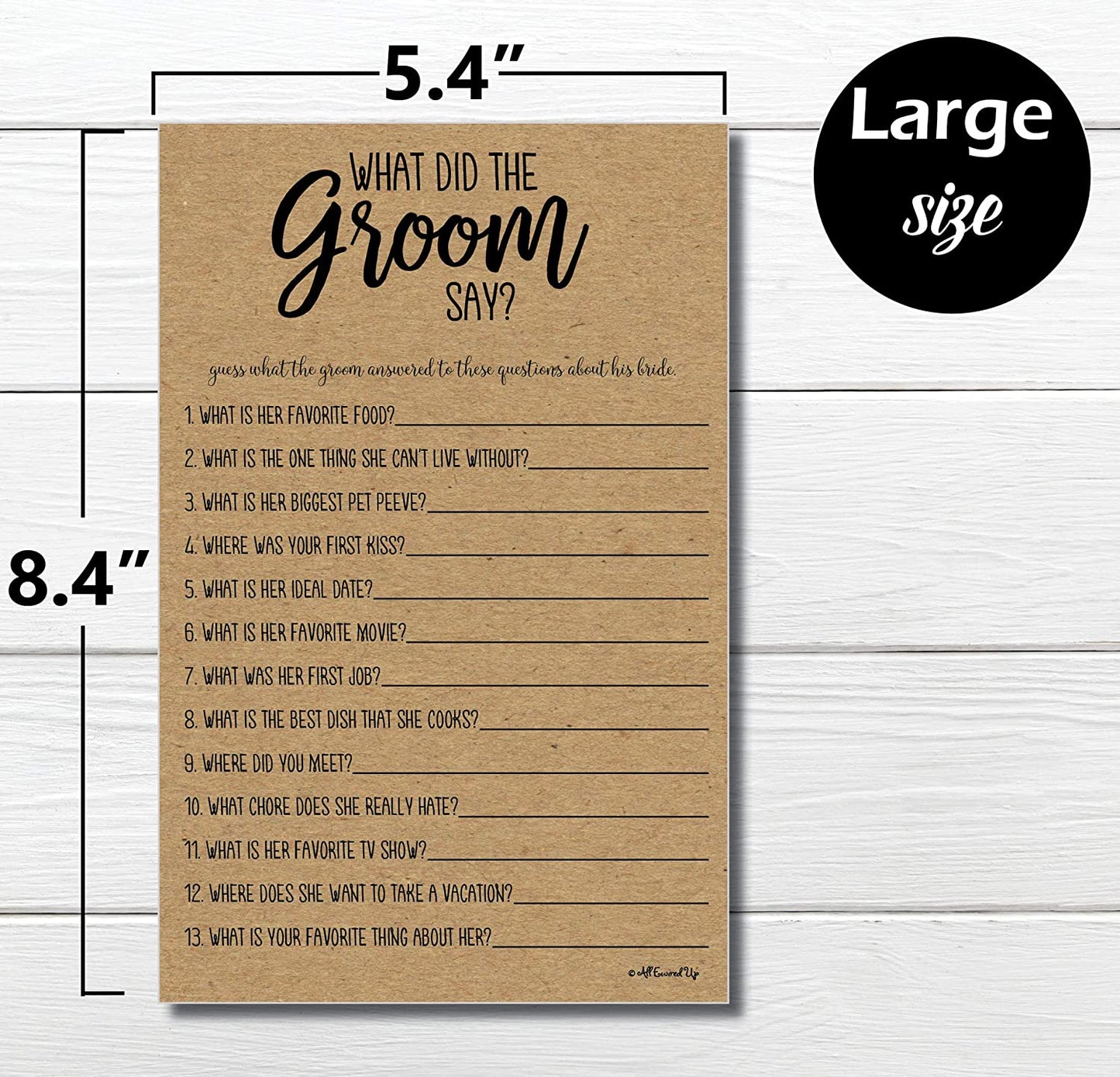 What Did the Groom Say Game - Kraft (50-Sheets) Rustic Bridal Wedding Shower or Bachelorette Party Game, Printed Engagement Rehearsal (Large Size Sheets)