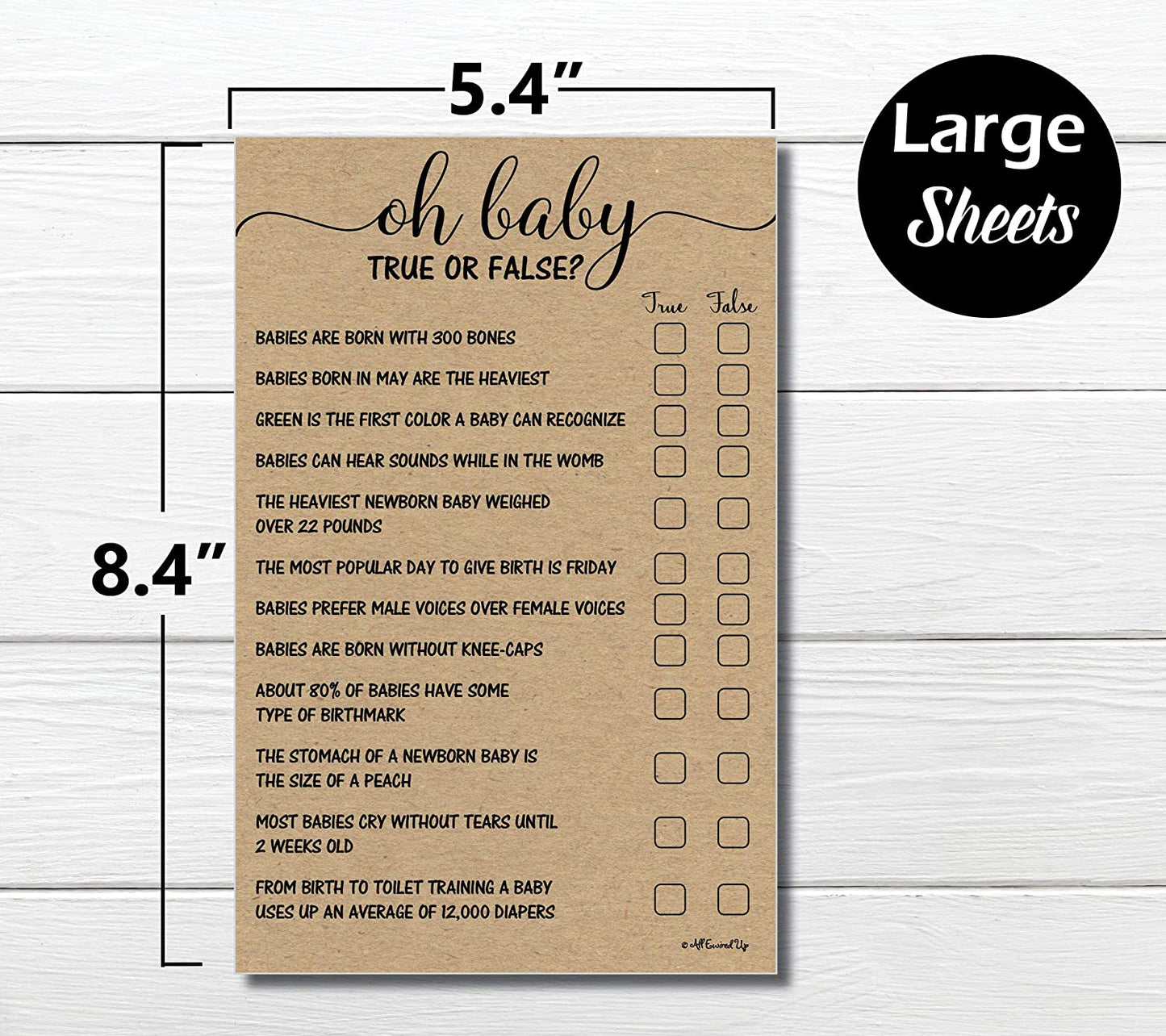 50 True or False Oh Baby Trivia Game - Kraft (50-Sheets) Rustic (Large Sheet Size) Fun, Easy to Play, Baby Shower Game, Sprinkle, Couple's Shower, Gender Neutral