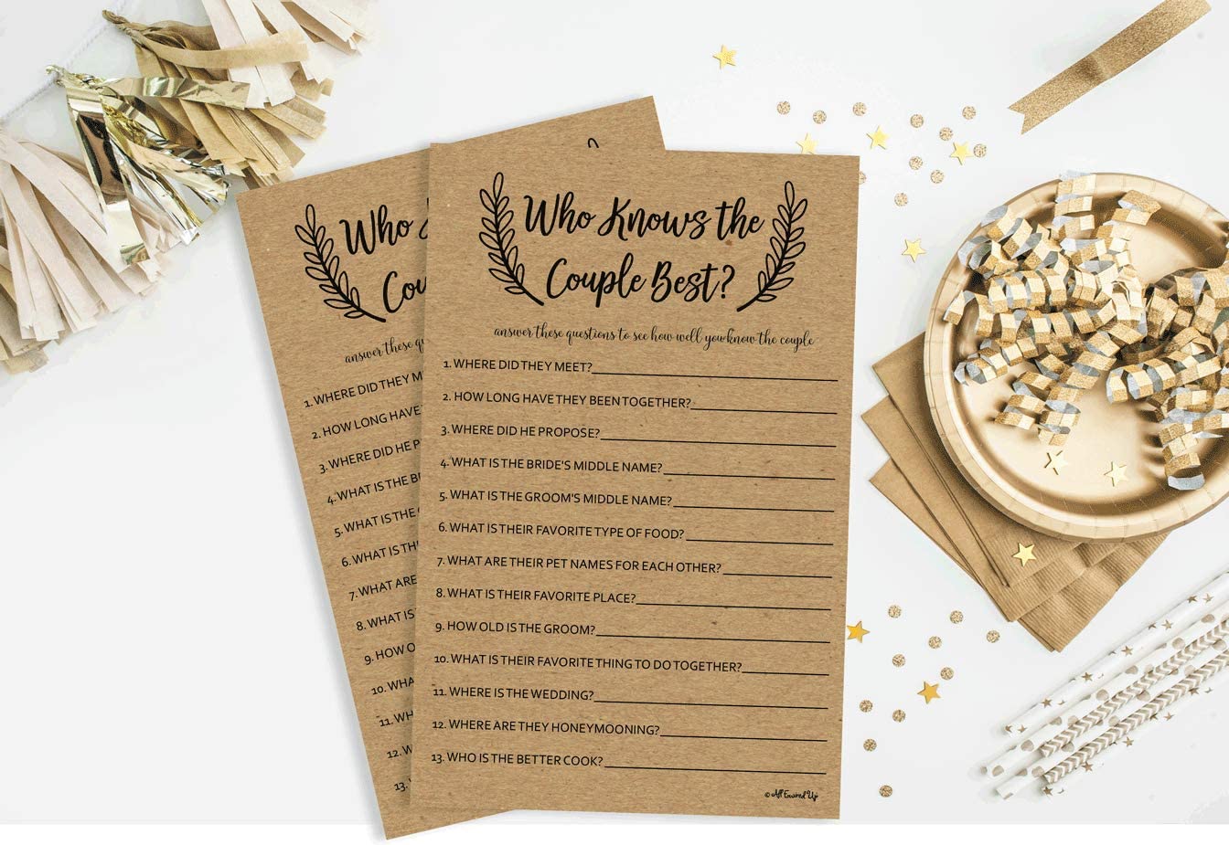 Who Knows The Couple Best - Kraft (50-Sheets) Rustic Bridal Wedding Shower or Bachelorette Party Game, Who Knows The Bride Best Couples Guessing Question Pack Engagement (Large Sheet Size)