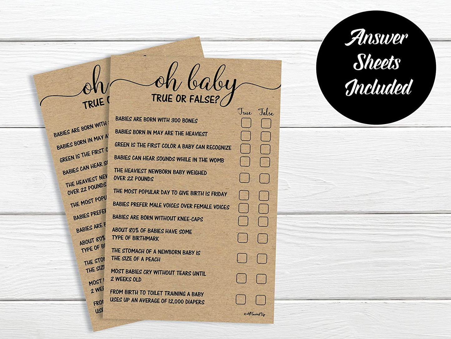 50 True or False Oh Baby Trivia Game - Kraft (50-Sheets) Rustic (Large Sheet Size) Fun, Easy to Play, Baby Shower Game, Sprinkle, Couple's Shower, Gender Neutral