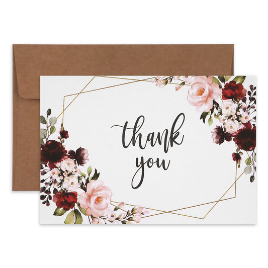 25 Burgundy Marsala Geometric Floral Thank You Cards, Perfect for Bridal Showers, Weddings, Baby Showers, any Occasion