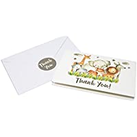 36 Safari Thank You Cards With Envelopes and Stickers, Kids or Baby Shower Thank You Note, Jungle Greenery Gold 4x6 Varied Zoo Animal Giraffe Gratitude Card Pack For Party, Girl Boy Children Birthday Stationery