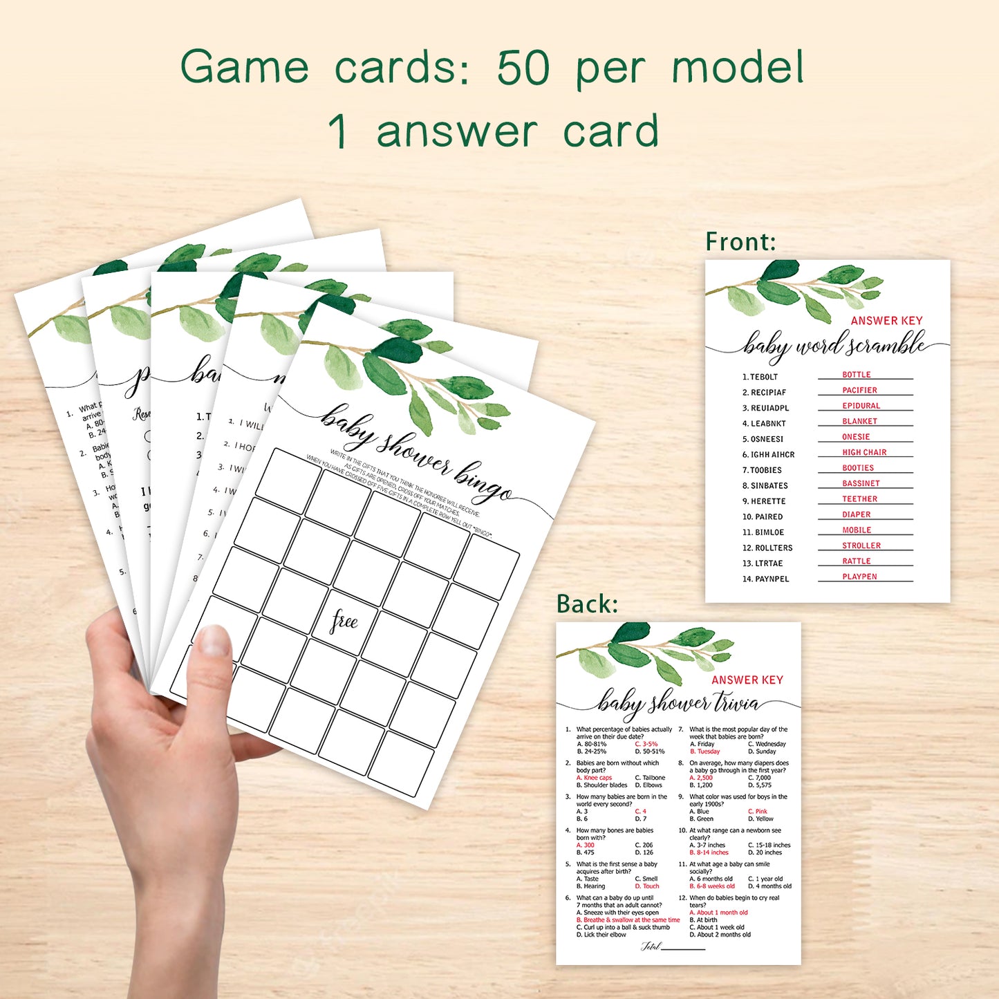 Set of 5 Large Greenery Baby Shower Games- 250 Piece Baby Shower Game Pack Including 50 Who Knows Mommy Best, 50 Who Said It, Mommy or Daddy, 50 What's in Your Purse, 50 Gift Bingo, 50 Predictions