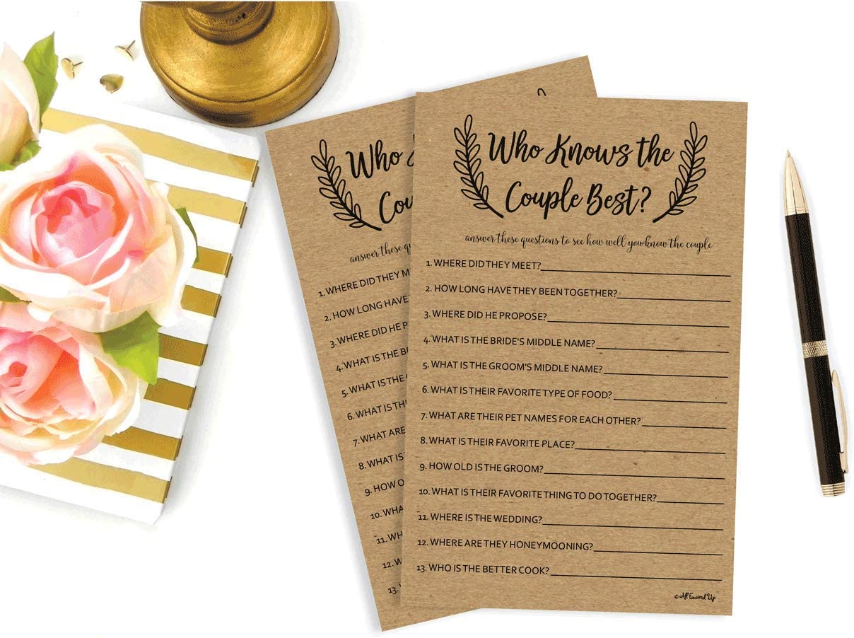 Who Knows The Couple Best - Kraft (50-Sheets) Rustic Bridal Wedding Shower or Bachelorette Party Game, Who Knows The Bride Best Couples Guessing Question Pack Engagement (Large Sheet Size)