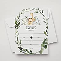 25 Jungle Baptism Invitations for Boys and 25 Envelopes Safari Animals (Large size 5X7 inch)