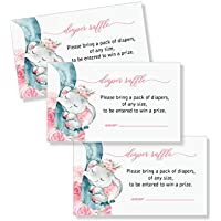 25 Pink Elephant Jungle Baby Shower Invitations and Envelopes (Large Size 5X7 INCHES), 25 Diaper Raffle Tickets, 25 Baby Shower Book Request Cards, Floral Elephant Animal Invites for Girl Baby Showers