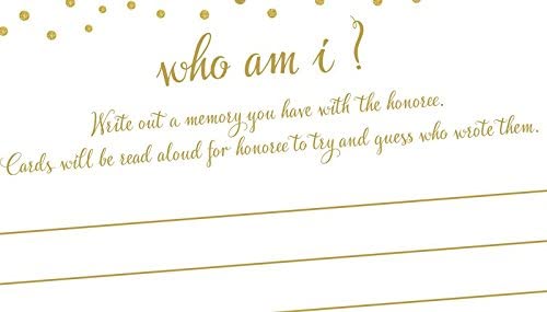 Who Am I? - Favorite Memory Game - Gold Confetti (50-Cards) Bridal Showers, Baby Showers, Weddings, Anniversary Parties, Retirement, Milestones, Any Occasion