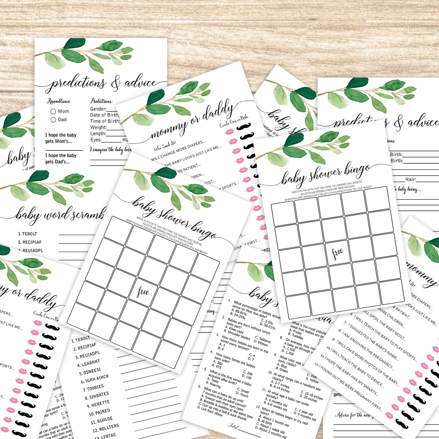 Set of 5 Large Greenery Baby Shower Games- 250 Piece Baby Shower Game Pack Including 50 Who Knows Mommy Best, 50 Who Said It, Mommy or Daddy, 50 What's in Your Purse, 50 Gift Bingo, 50 Predictions