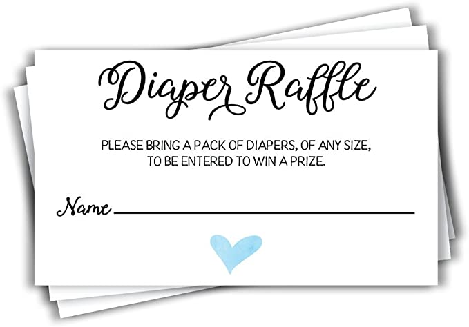 50 Diaper Raffle Ticket Lottery Insert Cards for Blue Boy Heart Baby Shower Invitations, Supplies and Games for Baby Gender Reveal Party, Bring a Pack of Diapers to Win Favors, Gifts Prizes (50-Cards)