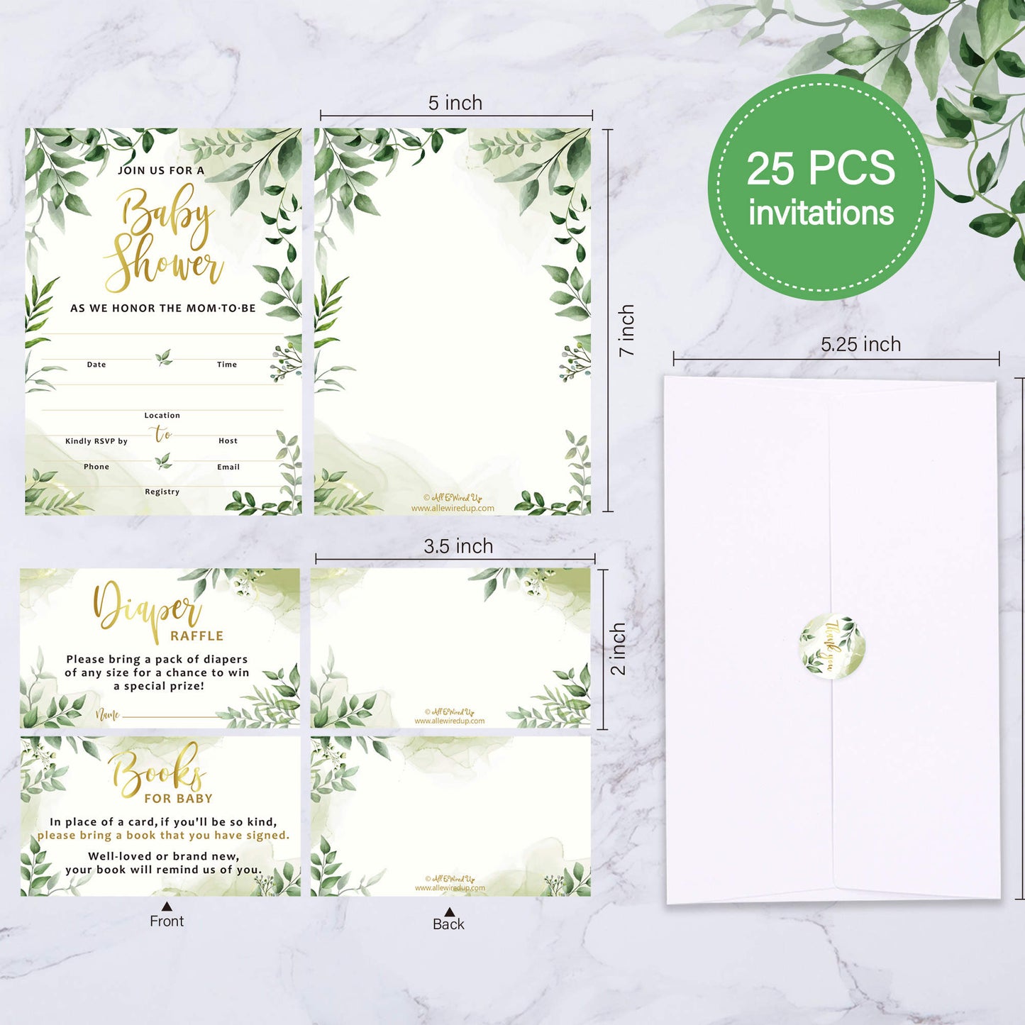 25 Double-Sided Greenery Baby Shower Invitation Set with Envelopes - Gender Neutral Blank Fill-in Invites for Boy or Girl