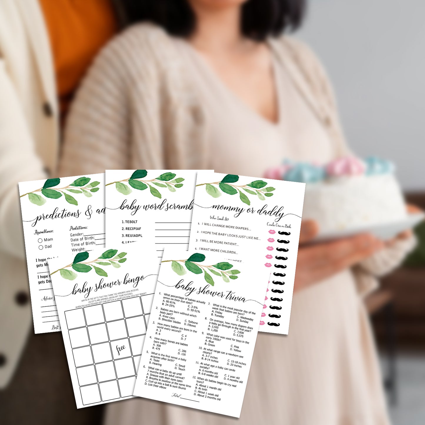 Set of 5 Large Greenery Baby Shower Games- 250 Piece Baby Shower Game Pack Including 50 Who Knows Mommy Best, 50 Who Said It, Mommy or Daddy, 50 What's in Your Purse, 50 Gift Bingo, 50 Predictions