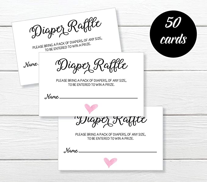 Diaper Raffle Ticket Lottery Insert Cards for Pink Girl Heart Baby Shower Invitations, Supplies and Games for Baby Gender Reveal Party, Bring a Pack of Diapers to Win Favors, Gifts Prizes (50-Cards)