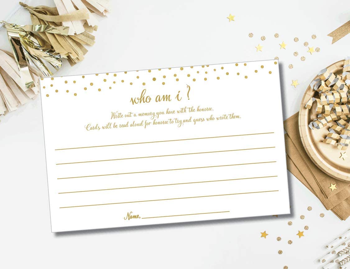 Who Am I? - Favorite Memory Game - Gold Confetti (50-Cards) Bridal Showers, Baby Showers, Weddings, Anniversary Parties, Retirement, Milestones, Any Occasion