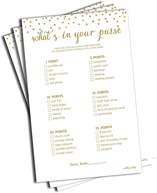 What's in Your Purse (Pack of 50) - Bridal Shower Games - Wedding Shower Games - Bachelorette Party Games - Gold Confetti