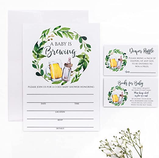 Set of 25 Baby is Brewing Baby Shower Invitations for Boy or Girl with Diaper Raffle Tickets, Baby Shower Book Request Cards and Envelopes- Coed Baby Shower Invitations- Large Size 5X7 inches