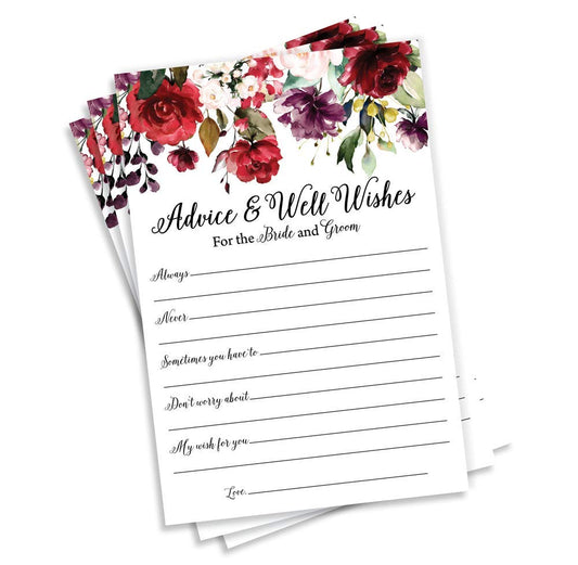 50 Burgundy Watercolor Floral Wishes for The Bride and Groom - (50-Cards) Wedding Advice and Well Wishes Guest Book Alternative Rustic Vintage