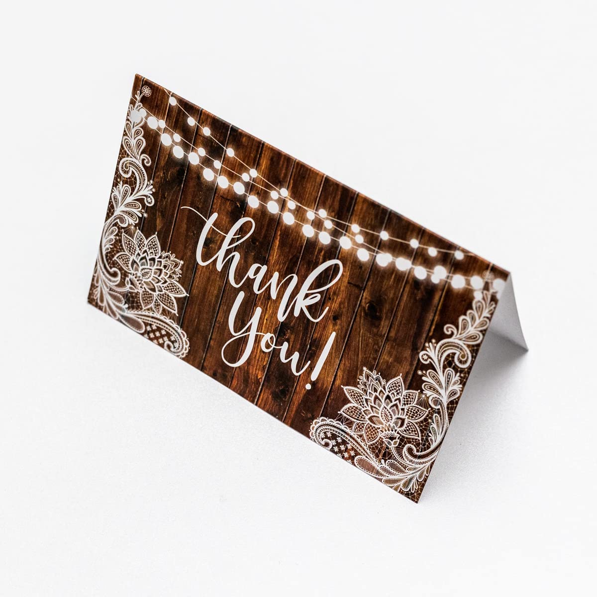 25 Lace Wood String of Lights Rustic Folded Thank You Cards with Envelopes, 4x6 Folded, Tented, Bulk, Perfect for: Wedding, Bridal Shower, Baby Shower, Birthday or Special Event