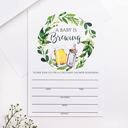 Set of 25 Baby is Brewing Baby Shower Invitations for Boy or Girl with Diaper Raffle Tickets, Baby Shower Book Request Cards and Envelopes- Coed Baby Shower Invitations- Large Size 5X7 inches