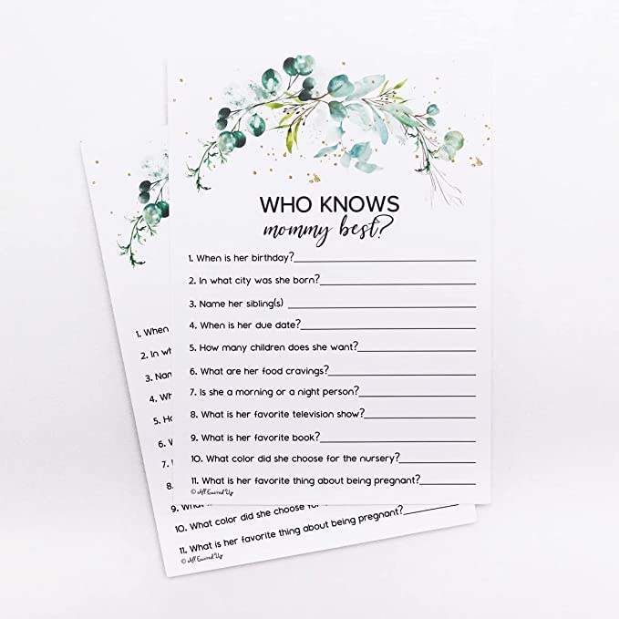 Greenery Eucalyptus Baby Shower Games Gender Neutral - 2 Games Double Sided, 25 Word Scramble For Baby Shower Ideas, 25 Who Knows Mommy Best, Gender Reveal Games For Guests, Baby Shower Party Supplies