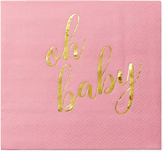 100 Pcs "Oh Baby" Pink Napkins - Girl Baby Shower - 3-Ply