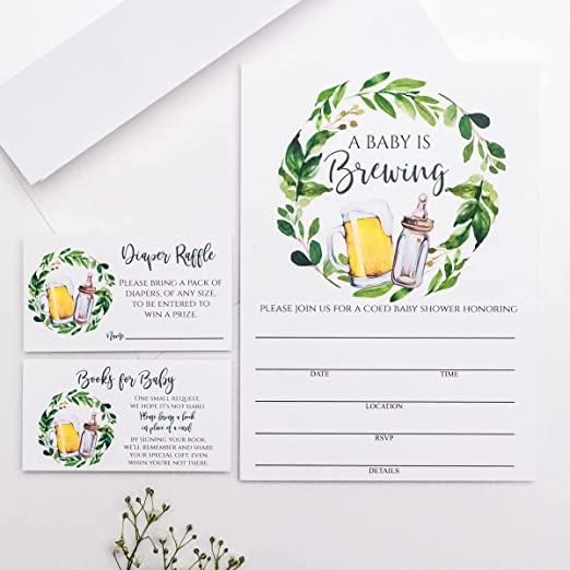 Set of 25 Baby is Brewing Baby Shower Invitations for Boy or Girl with Diaper Raffle Tickets, Baby Shower Book Request Cards and Envelopes- Coed Baby Shower Invitations- Large Size 5X7 inches