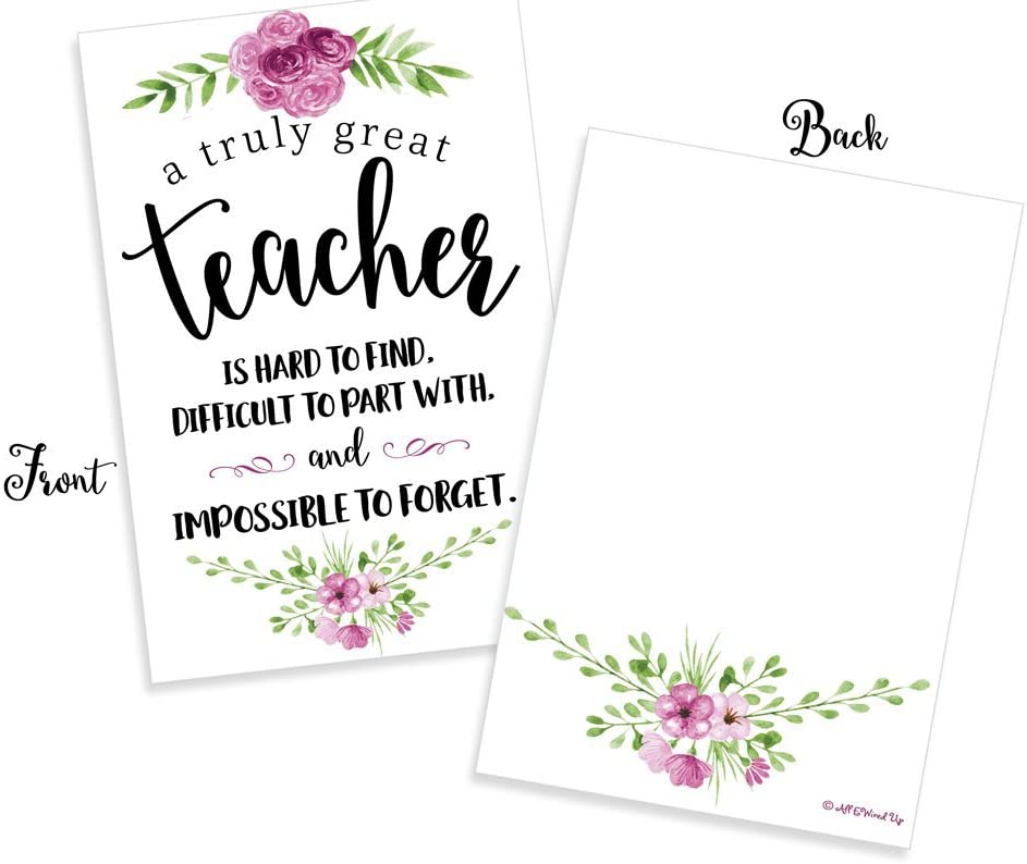 Teacher Appreciation Thank You Cards and Envelopes - Thick Card Stock - Flat (Non-Foldover) with Envelopes - A6 Size (5 Quantity)