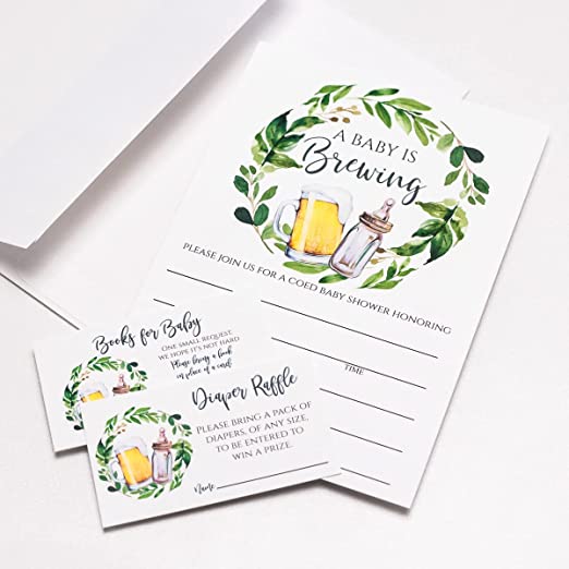 Set of 25 Baby is Brewing Baby Shower Invitations for Boy or Girl with Diaper Raffle Tickets, Baby Shower Book Request Cards and Envelopes- Coed Baby Shower Invitations- Large Size 5X7 inches