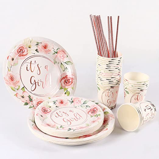 Rose Gold Foil It's a Girl Paper Plates, 24 Guests, Dinner Plates, Dessert Plates, 9 oz Cups, Gold Paper Straws and Napkins for Baby Shower and Birthday Party, Party Supplies Decoration