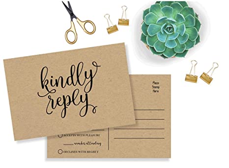 50 RSVP Rustic - Kraft Kindly Reply - Postcards - Any Occasion - Response Card, RSVP Reply, RSVP Kit for Wedding, Rehearsal, Baby Bridal Shower, Birthday, Retirement Party