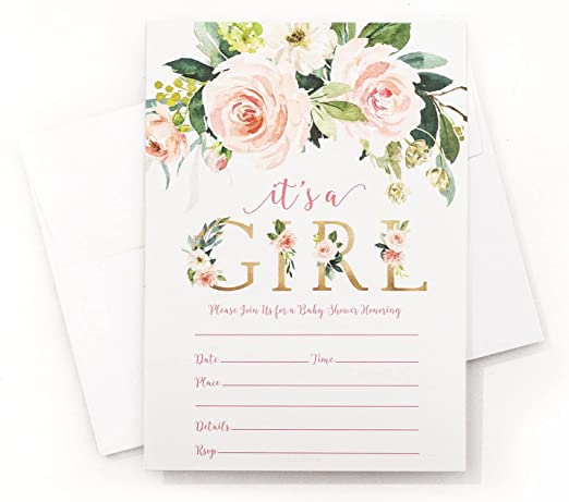 25 Pink It's A Girl Baby Shower Invitations and Envelopes (Large Size 5x7)