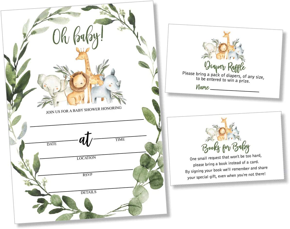 25 Wreath Safari Greenery Baby Shower Invitations (Large Size 5X7 inches), Diaper Raffle Tickets, Baby Shower Book Request Cards with Envelopes Jungle Animal Invites for Boy Neutral Baby Showers