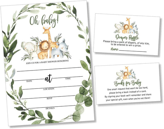 25 Wreath Safari Greenery Baby Shower Invitations (Large Size 5X7 inches), Diaper Raffle Tickets, Baby Shower Book Request Cards with Envelopes Jungle Animal Invites for Boy Neutral Baby Showers