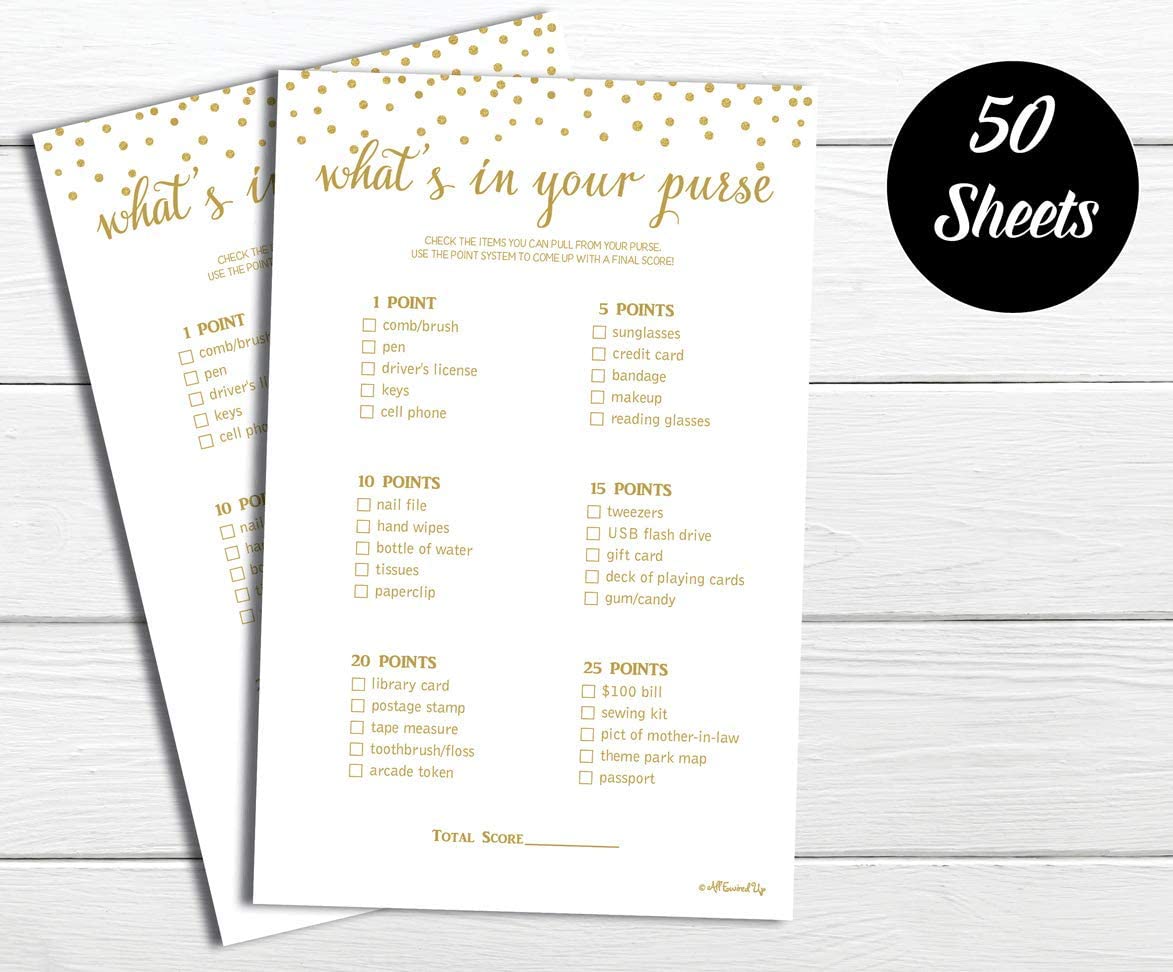 What's in Your Purse (Pack of 50) - Bridal Shower Games - Wedding Shower Games - Bachelorette Party Games - Gold Confetti