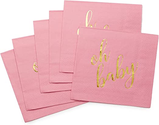 100 Pcs "Oh Baby" Pink Napkins - Girl Baby Shower - 3-Ply