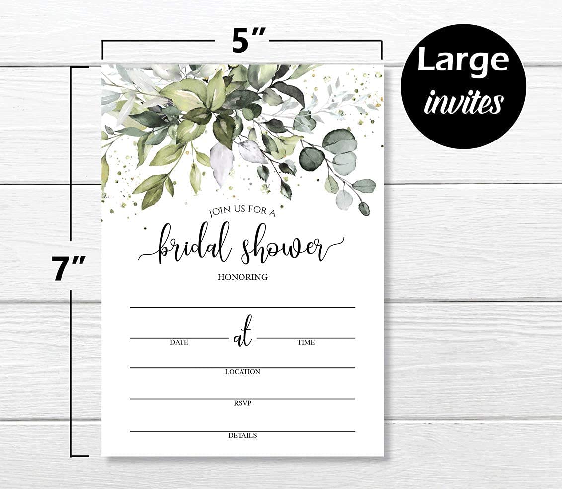 50 Greenery Eucalyptus Bridal Shower Invitations and 50 Envelopes (Large Size 5x7) - (100 pieces)