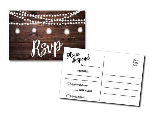 50 RSVP Rustic - Wood and Lights - Postcards - Any Occasion - Response Card, RSVP Reply, RSVP kit for Wedding, Rehearsal, Baby Bridal Shower, Birthday, Retirement Party Invitio
