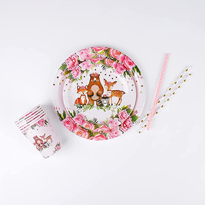 Gold Foil Girl Woodland Party Supplies, 24 Guests Dinner Plates, Dessert Plates, Cups, Gold Straws and Napkins for Baby Shower and Birthday Party, Forest Animal Friends Theme Party Supplies Pink