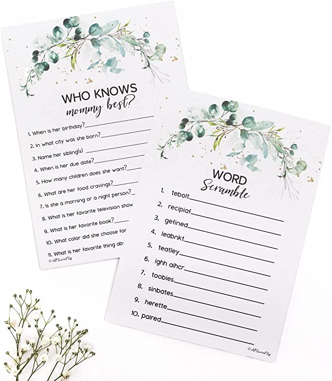 Greenery Eucalyptus Baby Shower Games Gender Neutral - 2 Games Double Sided, 25 Word Scramble For Baby Shower Ideas, 25 Who Knows Mommy Best, Gender Reveal Games For Guests, Baby Shower Party Supplies