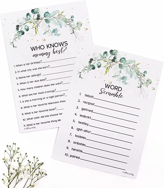 Greenery Eucalyptus Baby Shower Games Gender Neutral - 2 Games Double Sided, 25 Word Scramble For Baby Shower Ideas, 25 Who Knows Mommy Best, Gender Reveal Games For Guests, Baby Shower Party Supplies