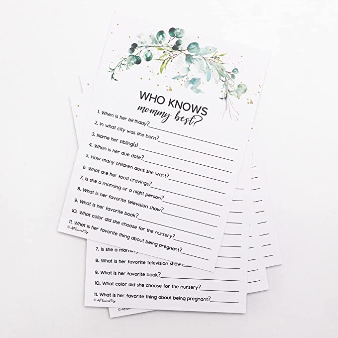 Greenery Eucalyptus Baby Shower Games Gender Neutral - 2 Games Double Sided, 25 Word Scramble For Baby Shower Ideas, 25 Who Knows Mommy Best, Gender Reveal Games For Guests, Baby Shower Party Supplies