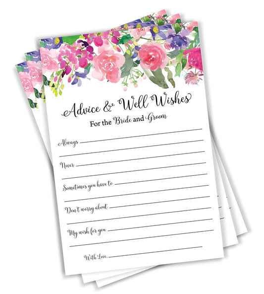 Wedding Advice and Well Wishes - Floral Watercolor Flower Roses Peonies Guest Book Alternative Rustic Vintage (50-Cards)