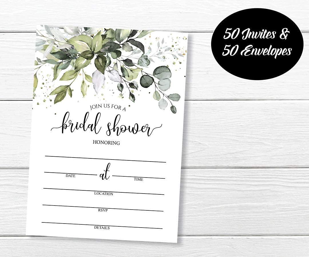 50 Greenery Eucalyptus Bridal Shower Invitations and 50 Envelopes (Large Size 5x7) - (100 pieces)