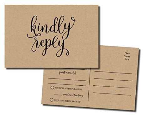 50 RSVP Rustic - Kraft Kindly Reply - Postcards - Any Occasion - Response Card, RSVP Reply, RSVP Kit for Wedding, Rehearsal, Baby Bridal Shower, Birthday, Retirement Party